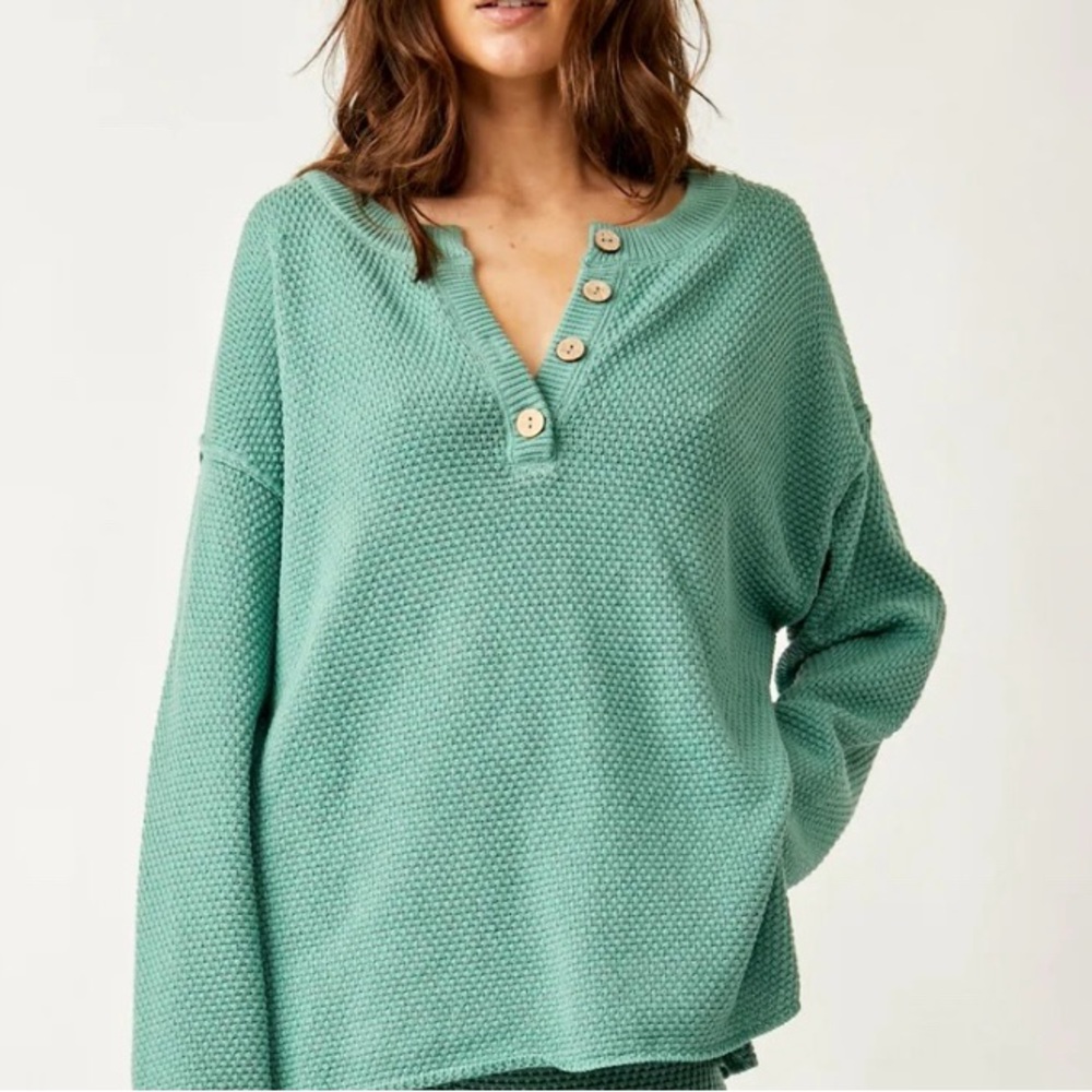 Free People Mint Green Waffle Knit Henley Sweater